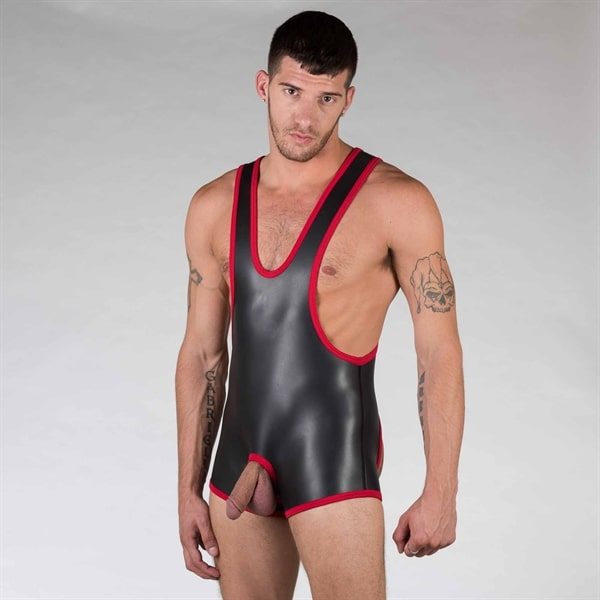 665 - Open Crotch Wrestling Suit, Black-Red-121762