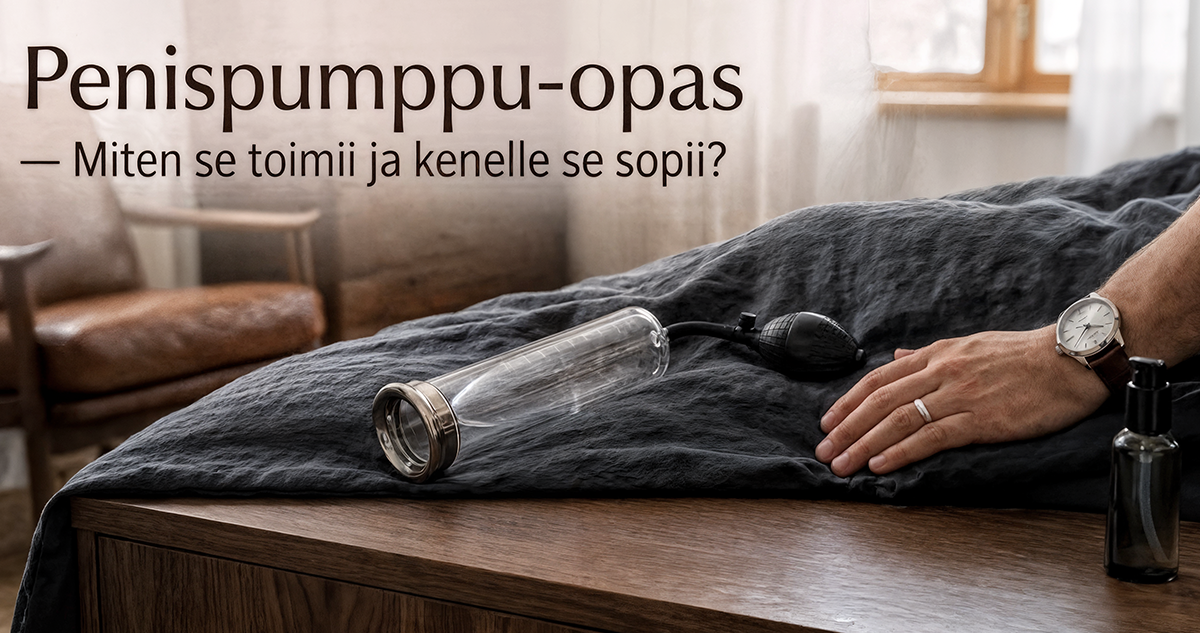 Blogikuva, jossa on teksti ”Penispumppu-opas — Miten se toimii ja kenelle se sopii?”. Kuvassa on tyylikäs ja maskuliininen makuuhuonenäkymä, jossa tummanharmaalla peitolla lepää kirkas penispumppu. Etualalla puinen taso ja miehen käsi.