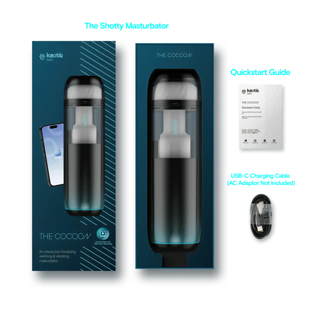 The Cocoon masturbaattorin pakkauksen sisältöä esittelevä kuva. Kuvassa The Cocoon masturbaattori, käyttöohje sekä usb-c latausjohto.