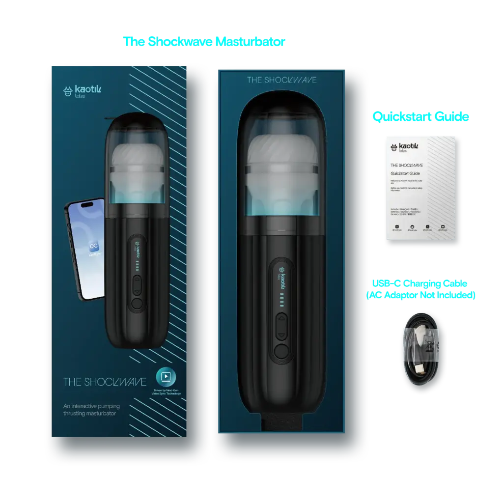 Pakkausen sisällön esittelevä kuva, jossa näkyy The Shockwave masturbaattori, käyttöohje sekä usb-c latausjohto.